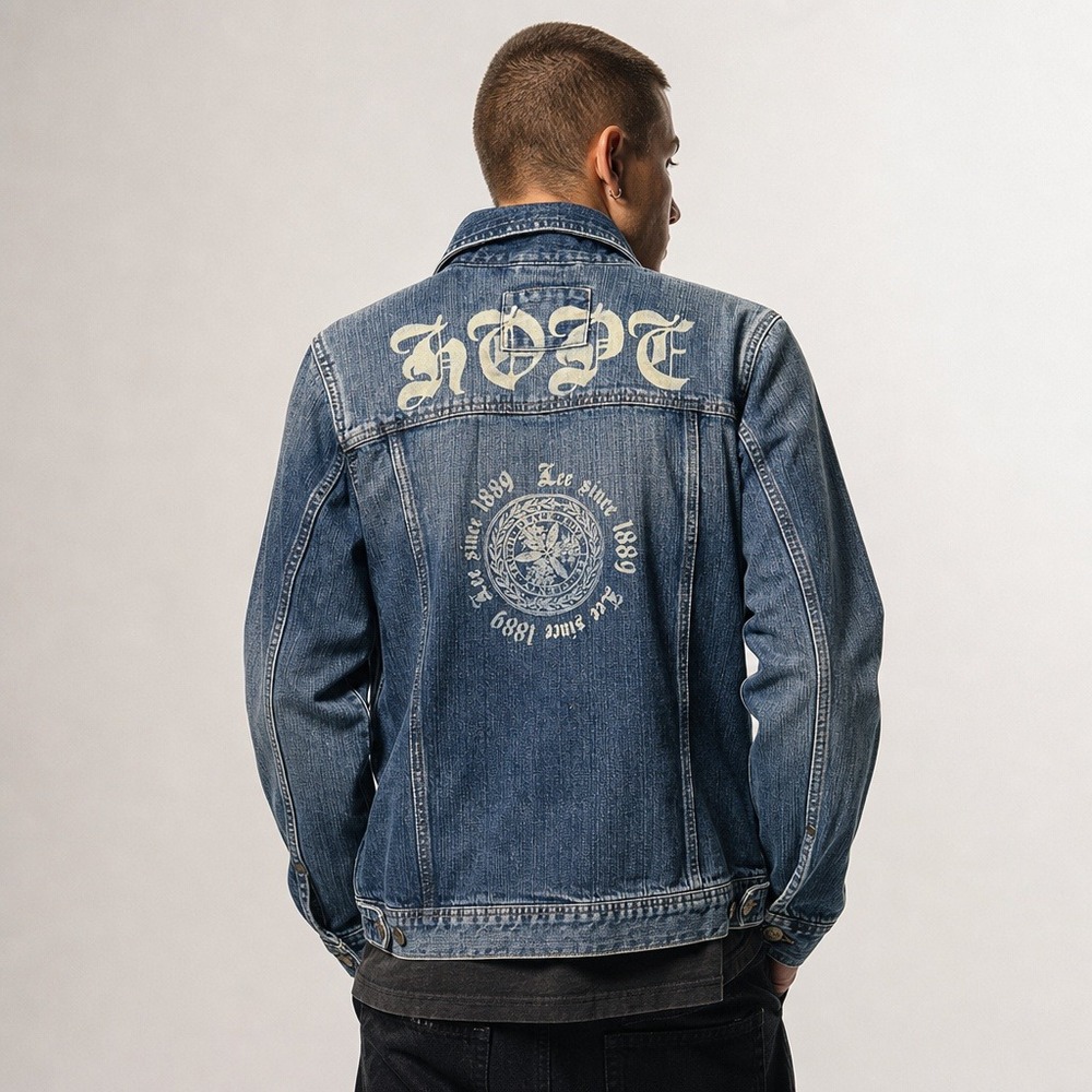 Vintage Lee Men's Denim Trucker Jacket M Blue HOPE Graphic Back 100% Cotton